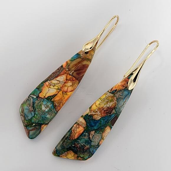 Boho Emperor Stone Orange Blue Earrings - Picture 1 of 4
